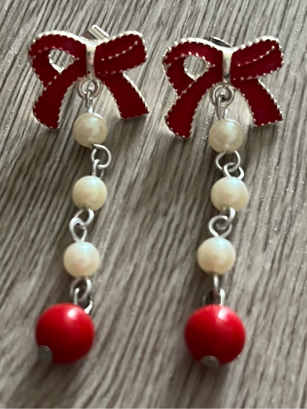 Red Bow Drop Earrings With Pearl Bead Chain